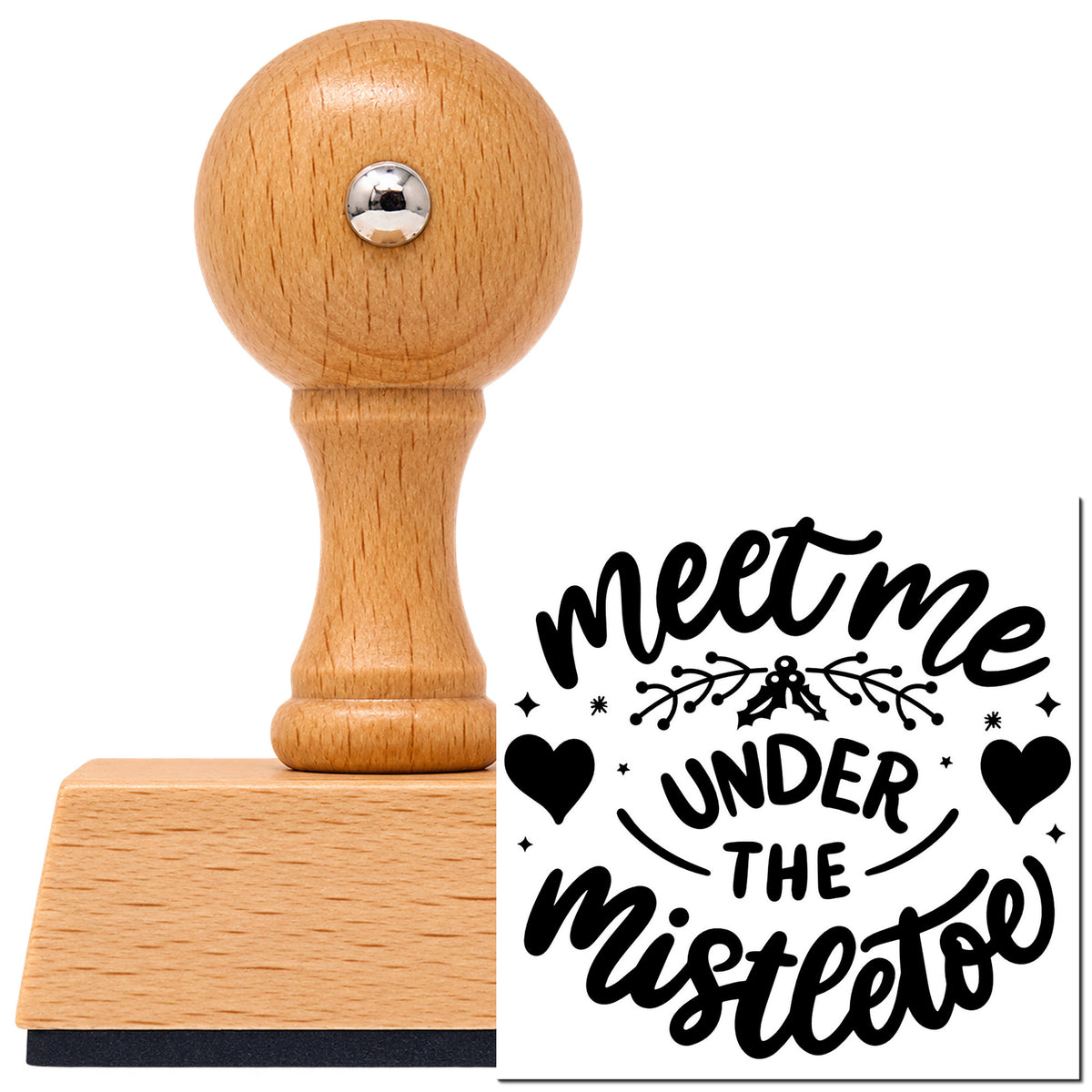 Vintage Pro beech wood stamp with a round knob handle, shown with its black Meet Me Under Mistletoe imprint on white.
