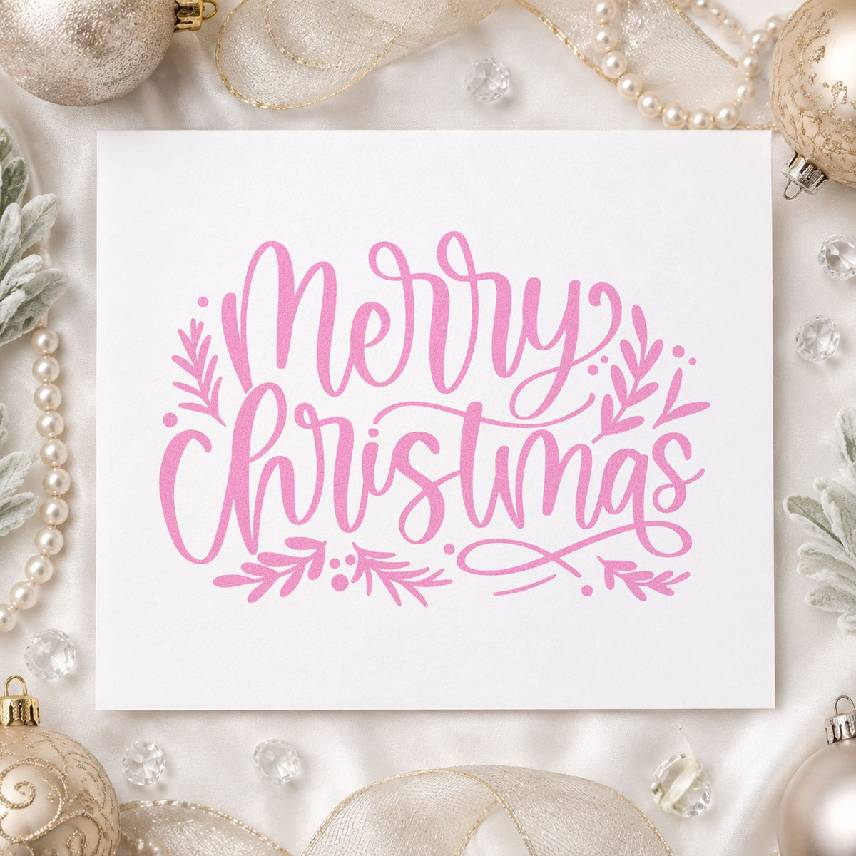 Merry Christmas Leaf Flourishes craft stamp in purple ink on cardstock, an easy option for winter beds album.
