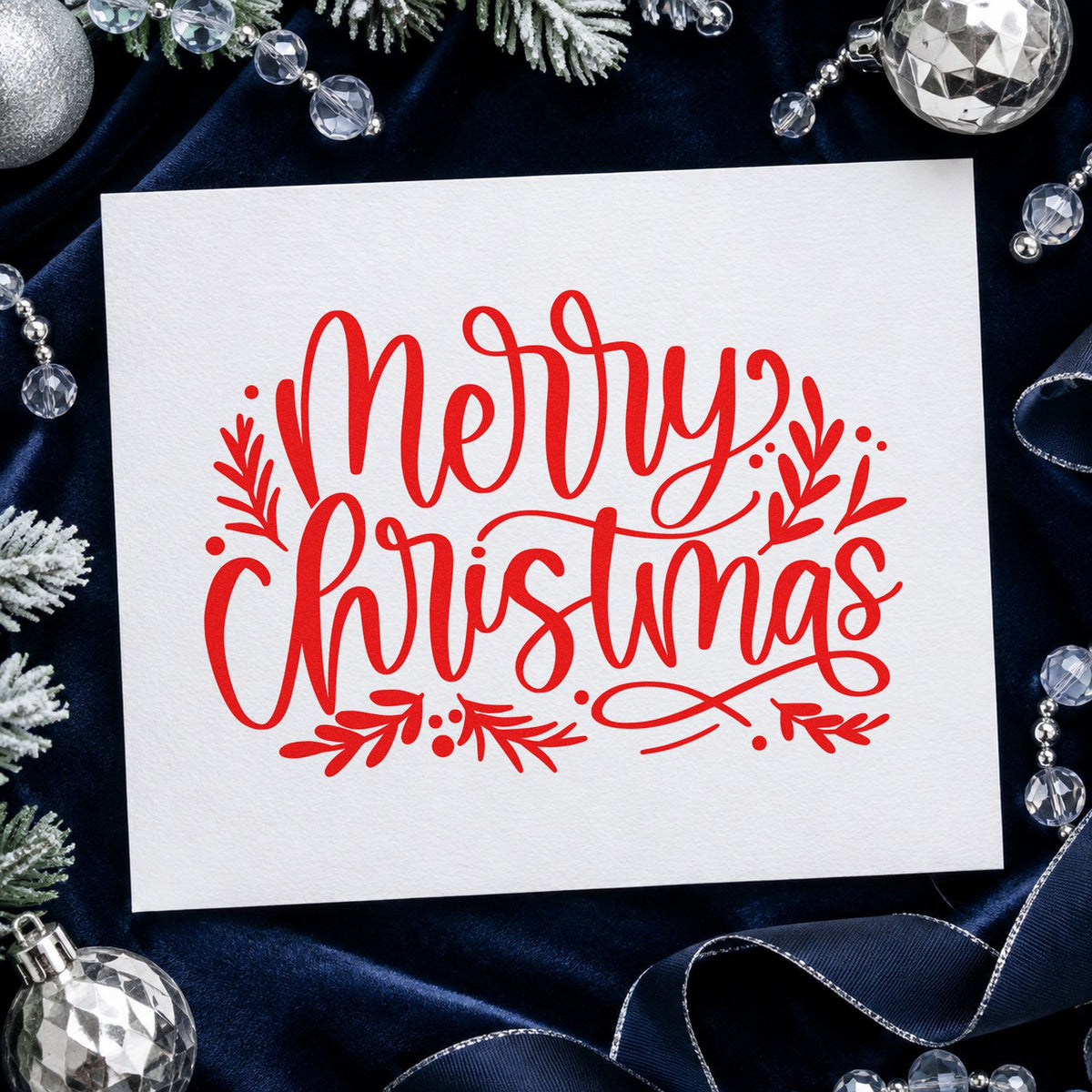 Merry Christmas Leaf Flourishes craft stamp in red ink on cardstock, an easy option for garden tote printing.
