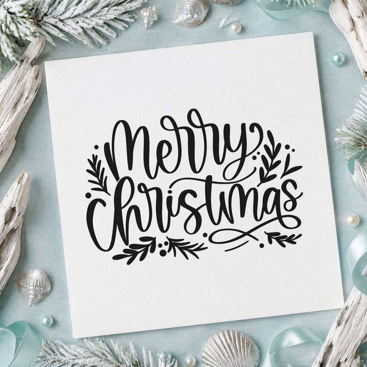 Merry Christmas Leaf Flourishes rubber stamp printed in black ink, ready for botanical merry cards and similar paper crafts.