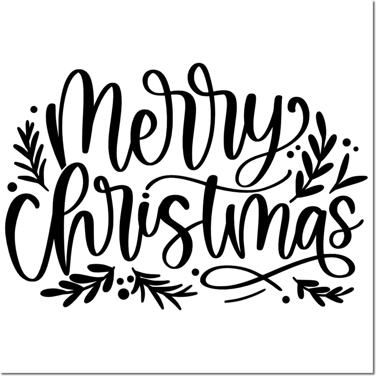 Black Merry Christmas stamp and seal design in cursive with decorative leaves on a white background