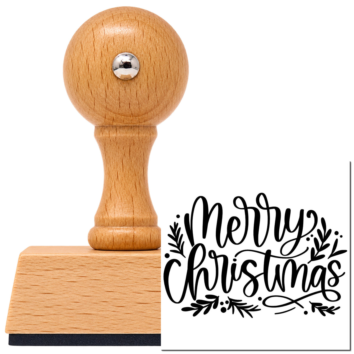 Vintage Pro beech wood stamp with a round knob handle, shown with its black Merry Christmas Leaf Flourishes imprint on white.