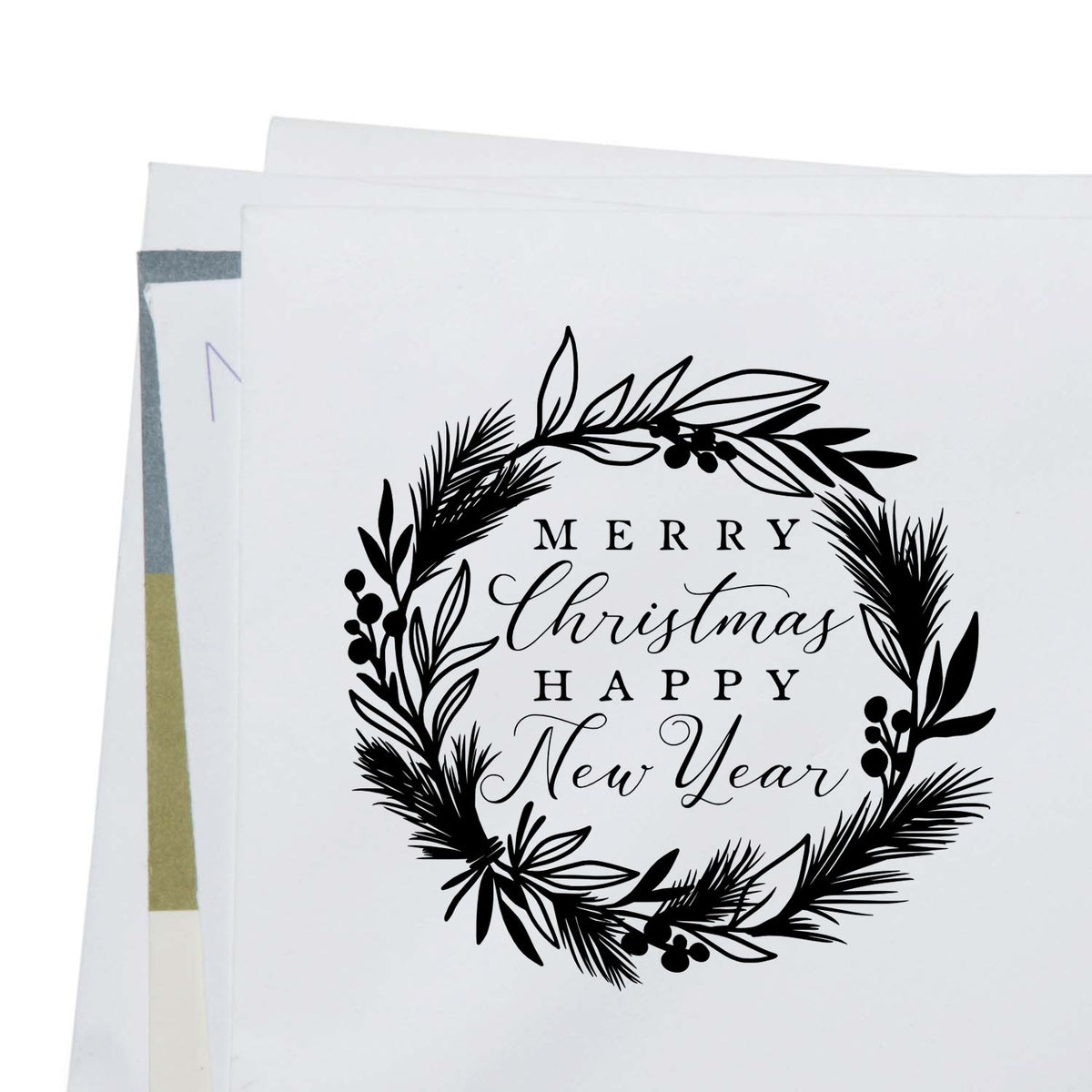 Black holiday stamp seal with wreath and Merry Christmas Happy New Year on white paper