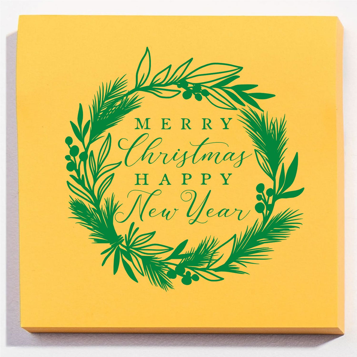 Green Merry Christmas and Happy New Year stamp seal with leafy wreath on yellow paper