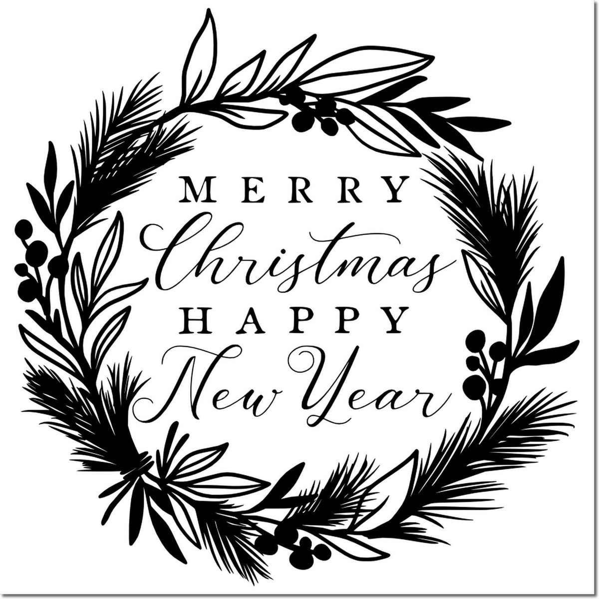 Black holiday wreath stamp seal with pine leaves and berries, reading Merry Christmas, Happy New Year on white background.