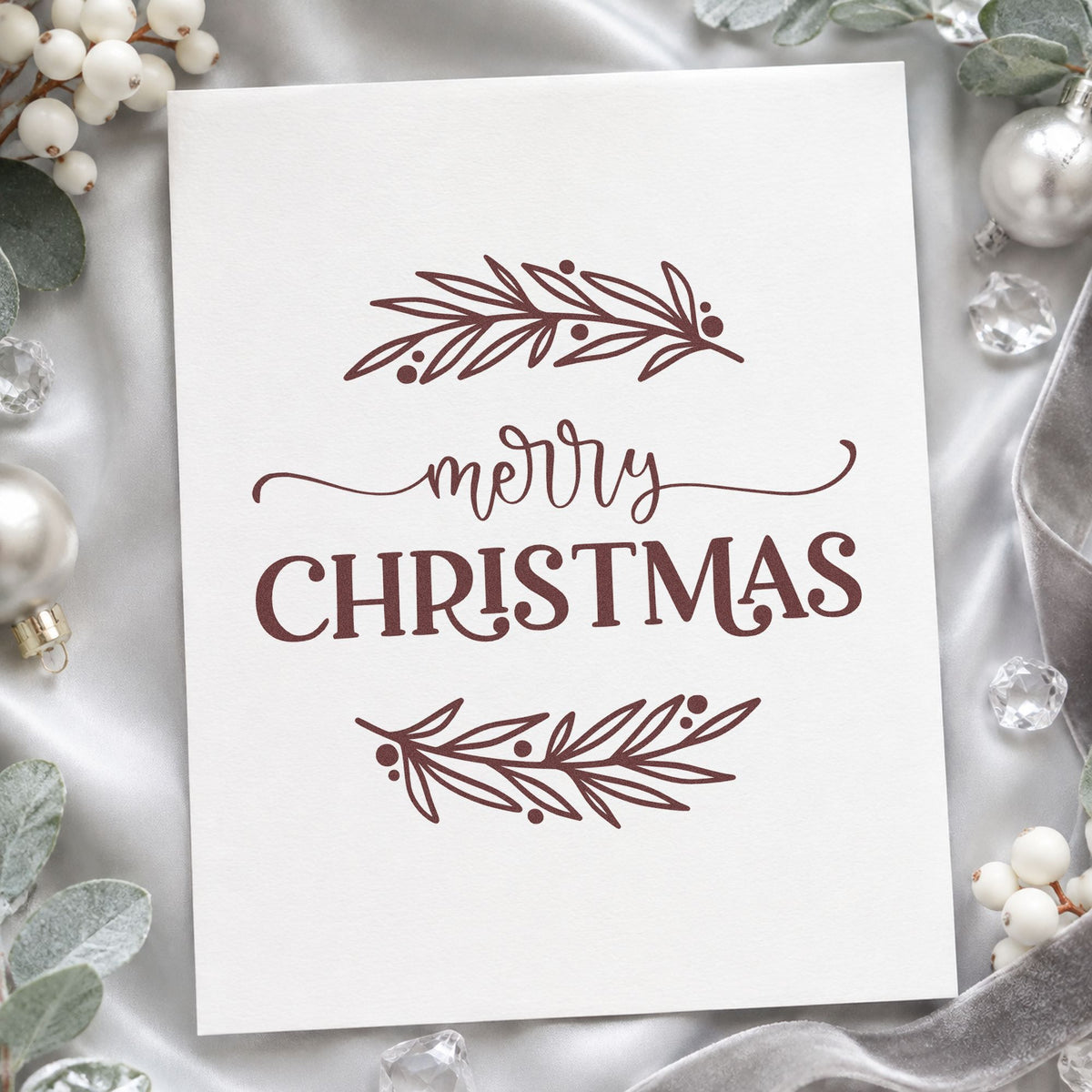 Merry Christmas Between Branches rubber stamp printed in brown ink, ready for section divider sheet and similar paper crafts.