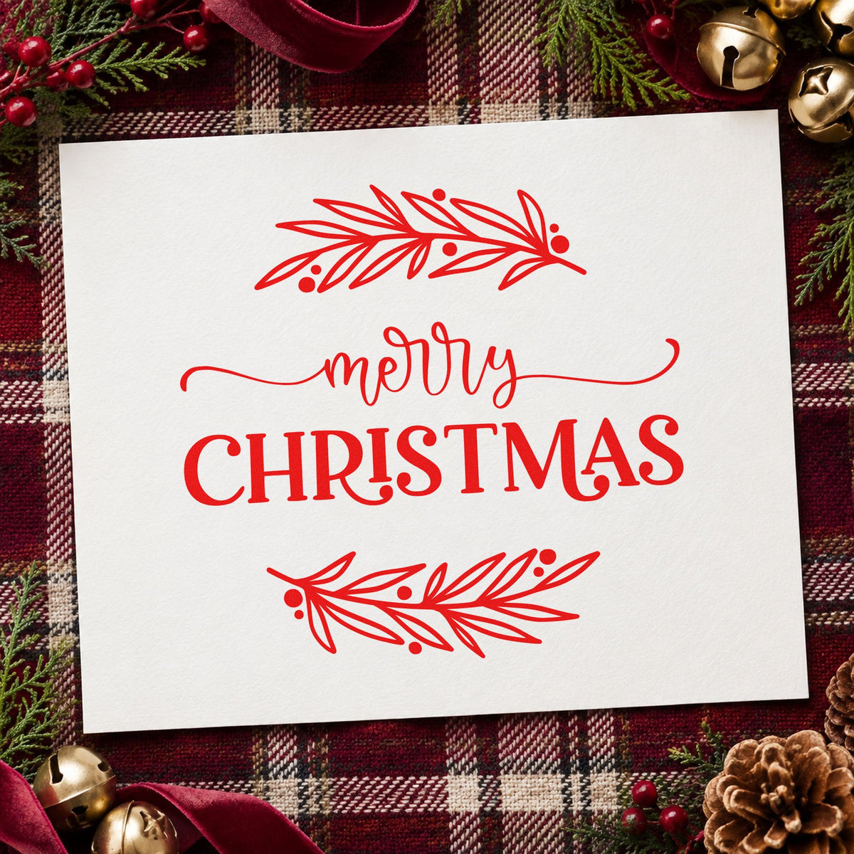Merry Christmas Between Branches rubber stamp shown in red ink, stamped for projects such as shelf trim labels.