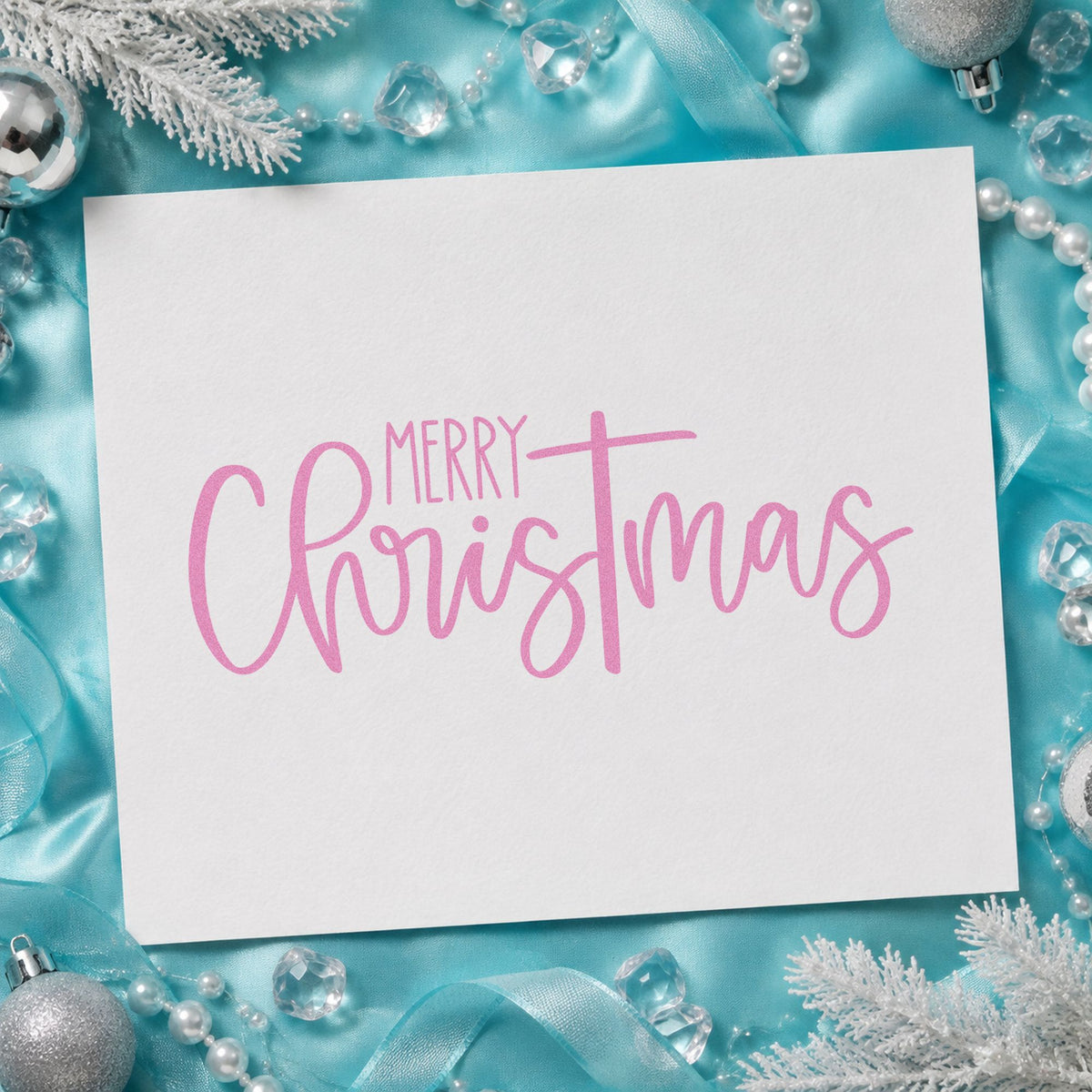 Merry Christmas Narrow Script craft stamp in purple ink on cardstock, an easy option for vertical album panel.