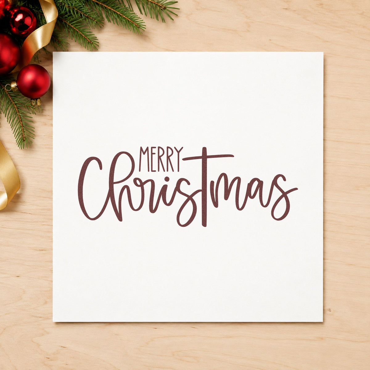 Merry Christmas Narrow Script rubber stamp printed in brown ink, ready for bookmark strip header and similar paper crafts.