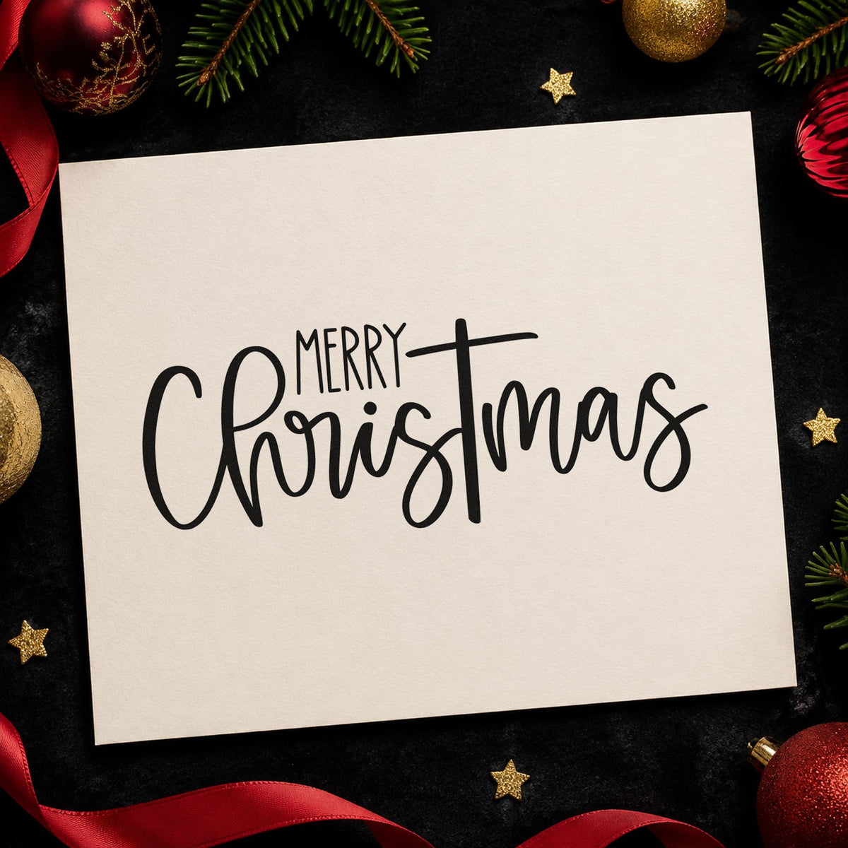 Merry Christmas Narrow Script rubber stamp printed in black ink, ready for tall format cards and similar paper crafts.
