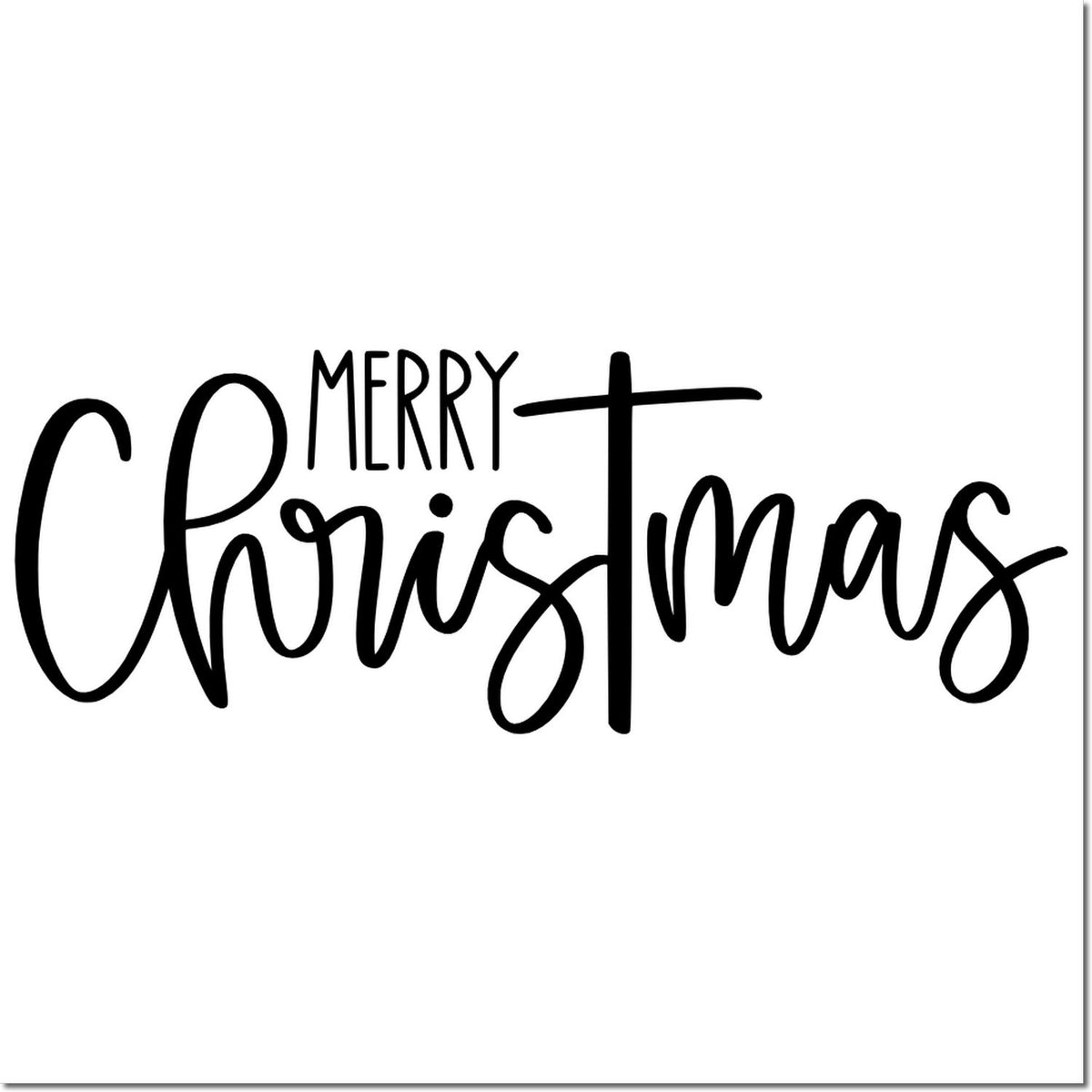 Black Merry Christmas script stamp design with cross-shaped T on a white background for holiday seals.
