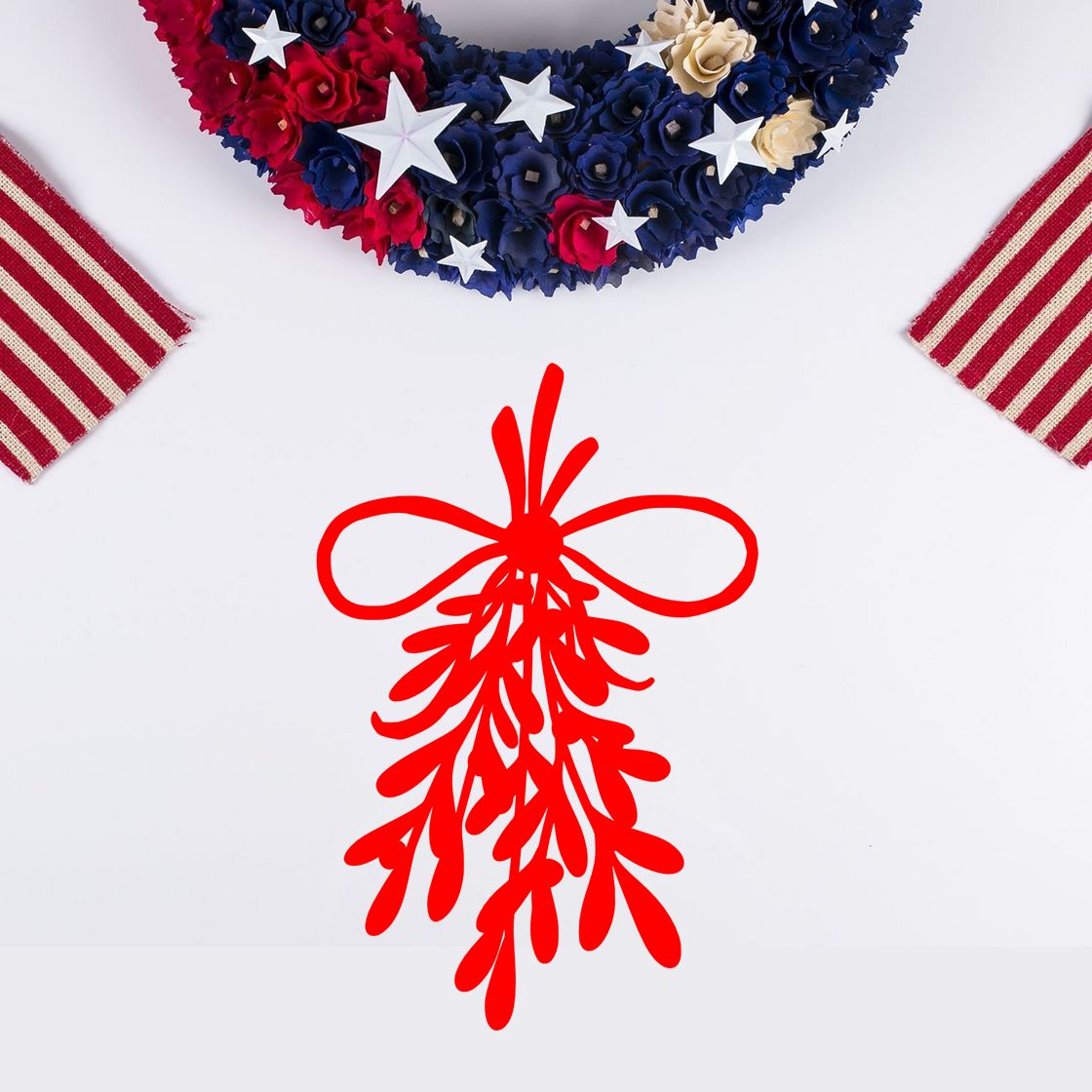 Red decorative stamp seal with bow and leaf tassels on white, framed by navy, red and cream patriotic wreath and striped accents