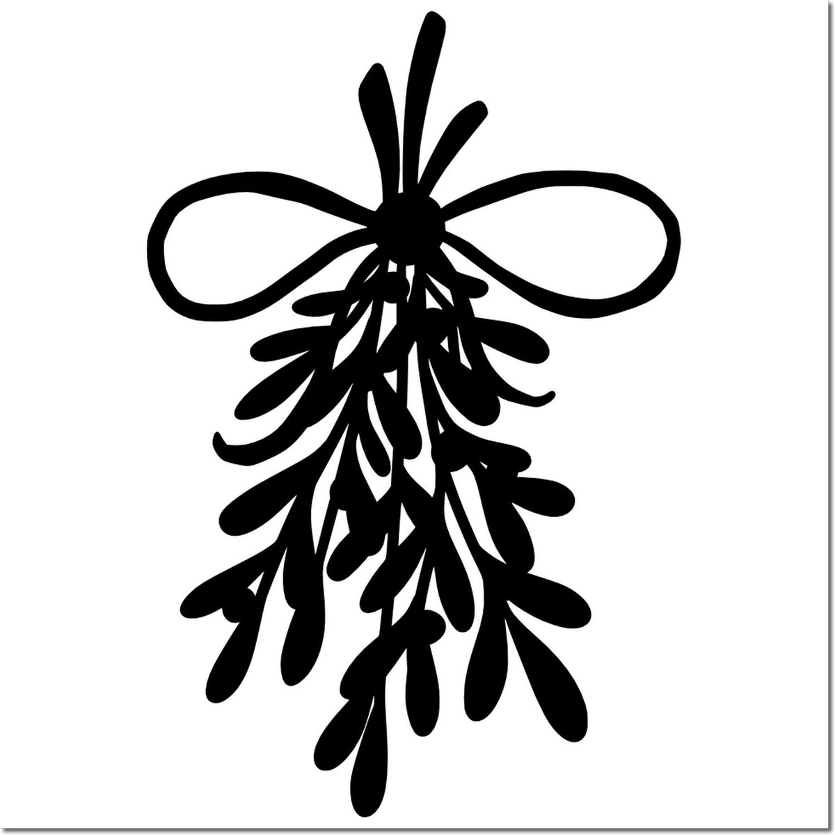 Black rubber stamp seal featuring a hanging mistletoe sprig with bow on a white background.