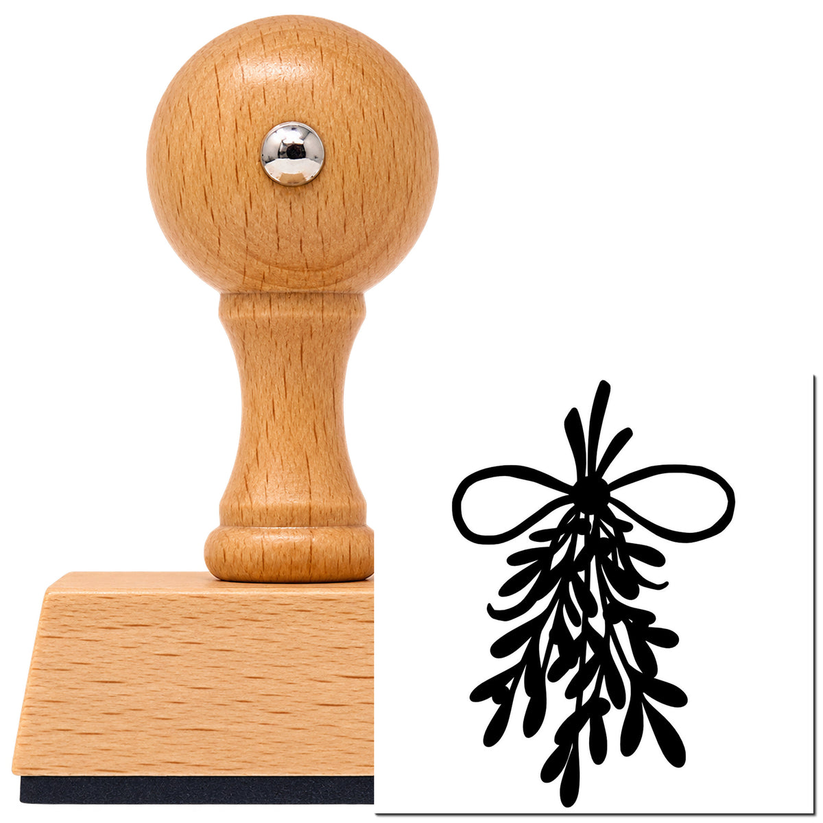 Vintage Pro beech wood stamp with a round knob handle, shown with its black Mistletoe Bundle With Bow imprint on white.