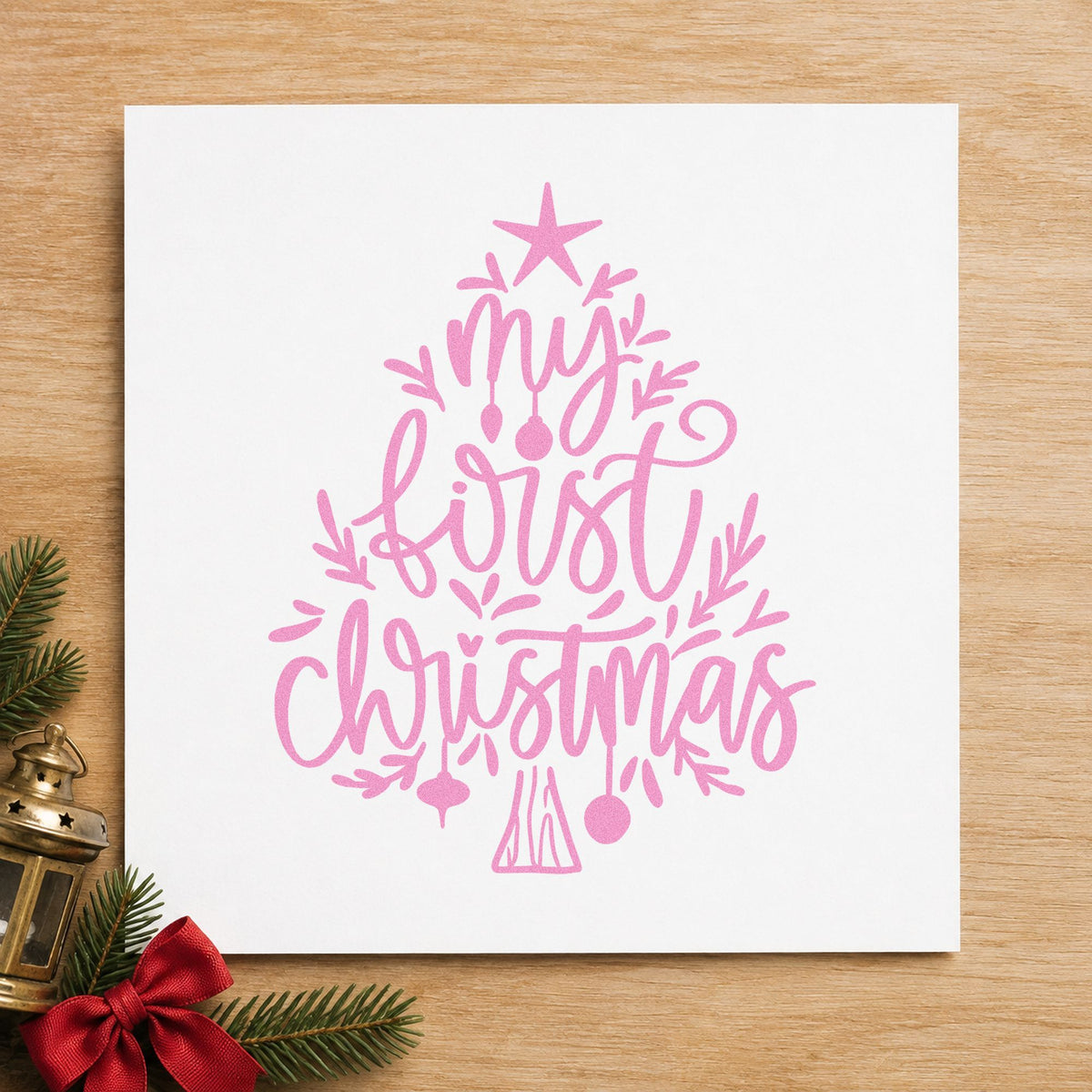 My First Christmas Tree craft stamp in purple ink on cardstock, an easy option for baby album page.