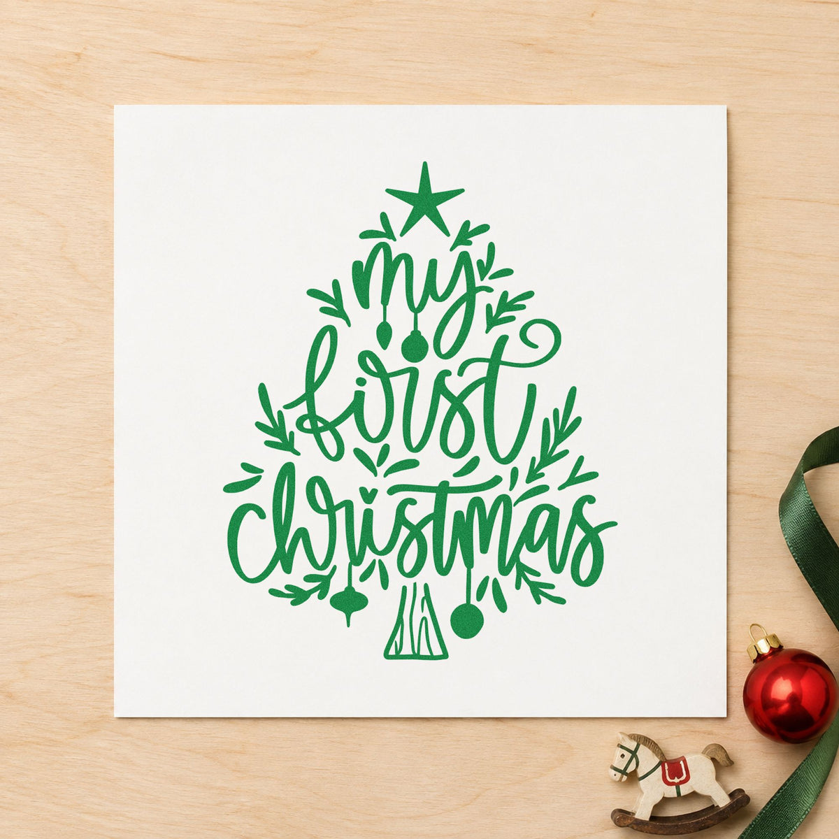 My First Christmas Tree craft stamp imprint in green ink on a handmade project, one idea being keepsake box tags.