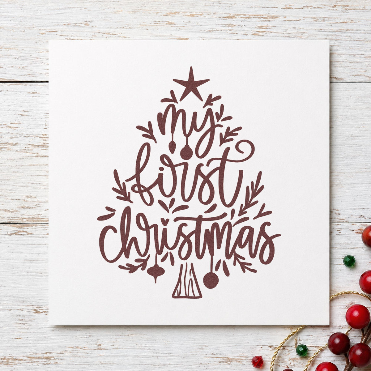 My First Christmas Tree rubber stamp printed in brown ink, ready for milestone log sheet and similar paper crafts.