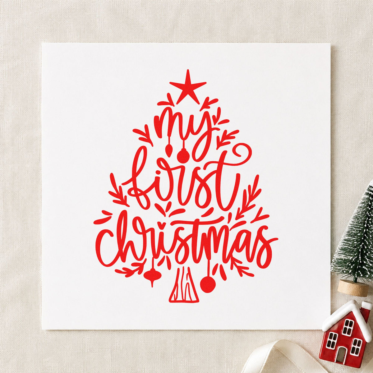 My First Christmas Tree craft stamp in red ink on cardstock, an easy option for onesie front printing.