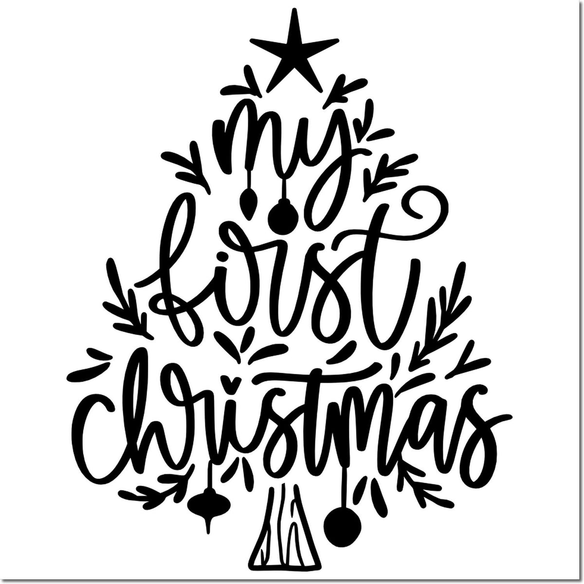 Black Merry Christmas tree stamp and seal design with star, ornaments, and festive script on white.