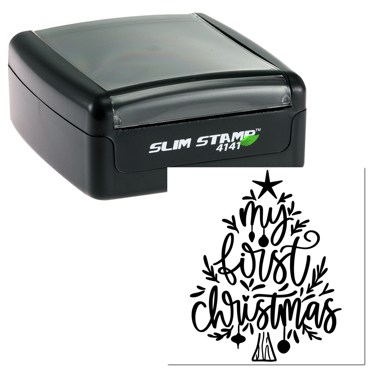 Black self-inking stamp and seal with clear gray lid, featuring a festive My First Christmas tree design.
