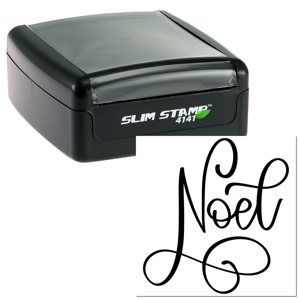 Black Slim Stamp 4141 self-inking stamp with a bold black script Noel seal on a white background.