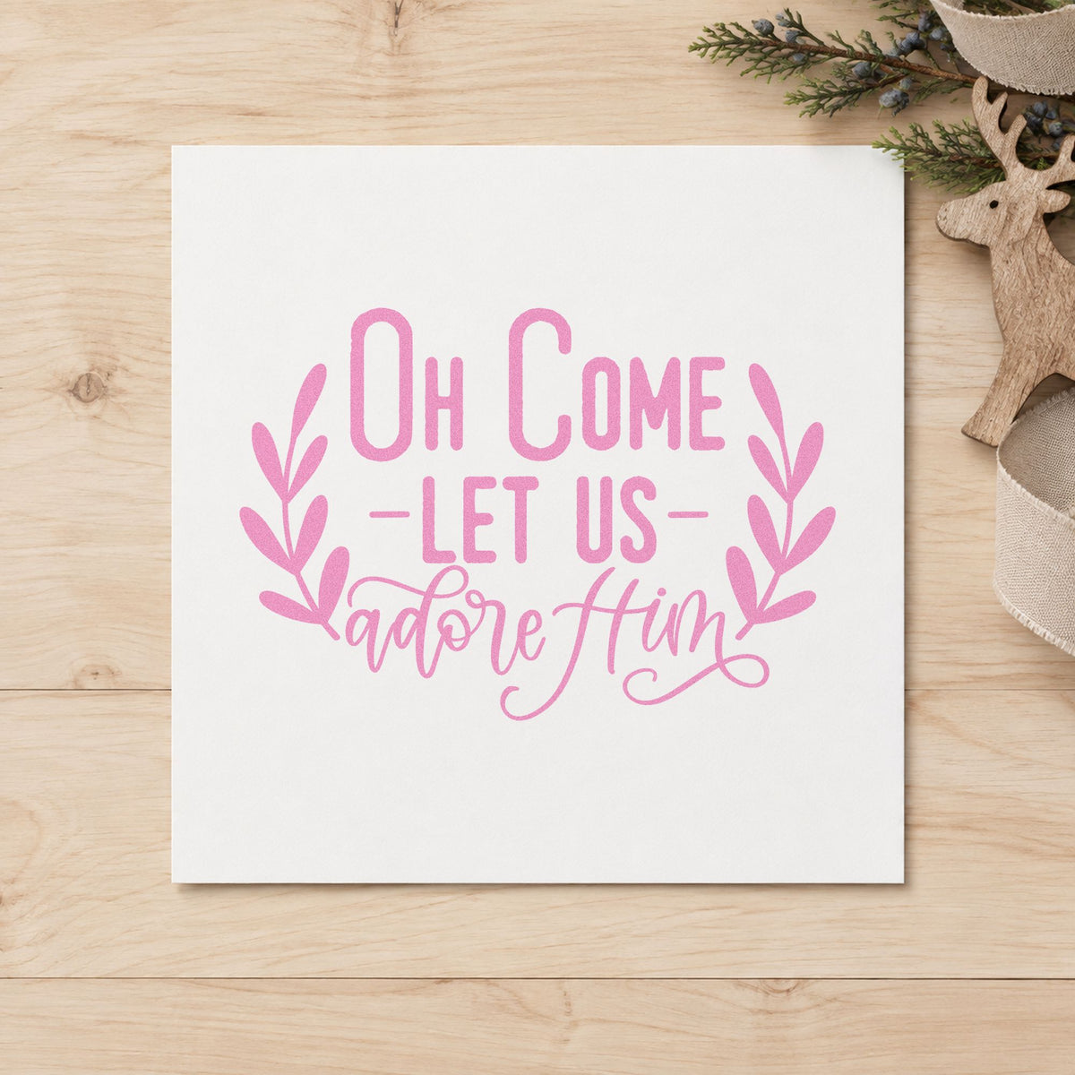 Oh Come Let Us Adore Him craft stamp in purple ink on cardstock, an easy option for small group album.