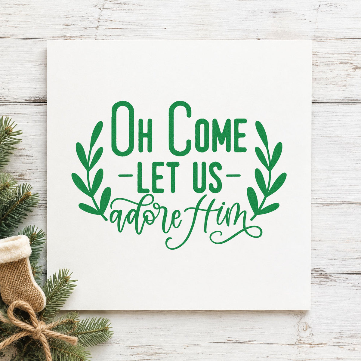 Oh Come Let Us Adore Him craft stamp imprint in green ink on a handmade project, one idea being midweek service cards.
