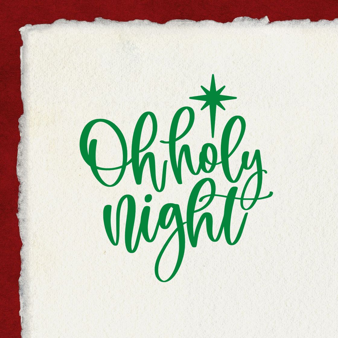 Green Oh Holy Night stamp/seal design in green script with star on textured white paper over a deep red background.