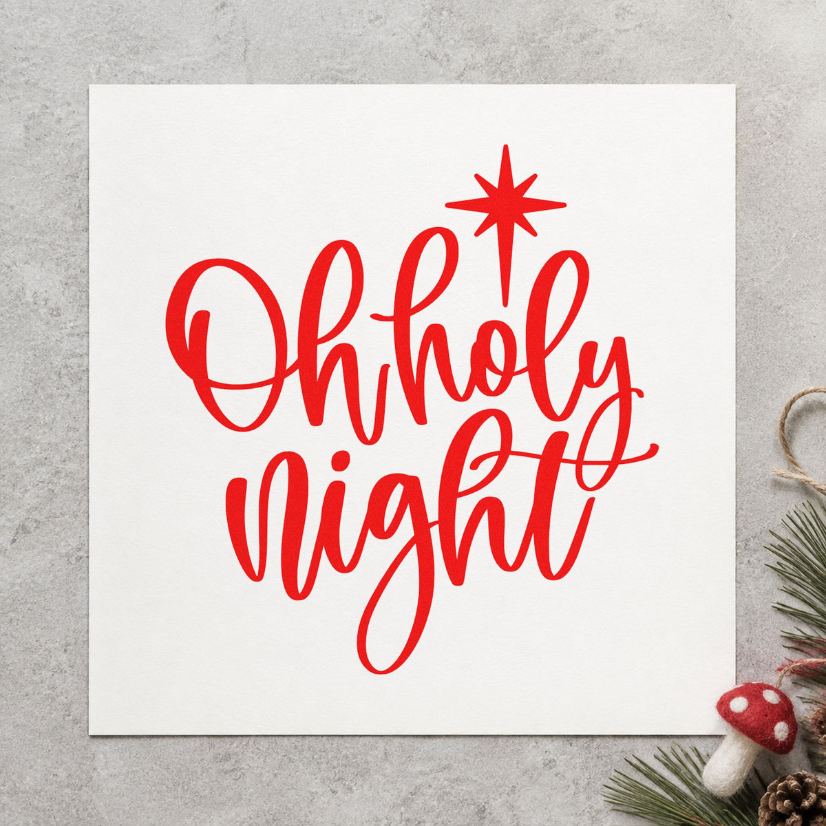 Oh Holy Night Star rubber stamp shown in red ink, stamped for projects such as recording case labels.