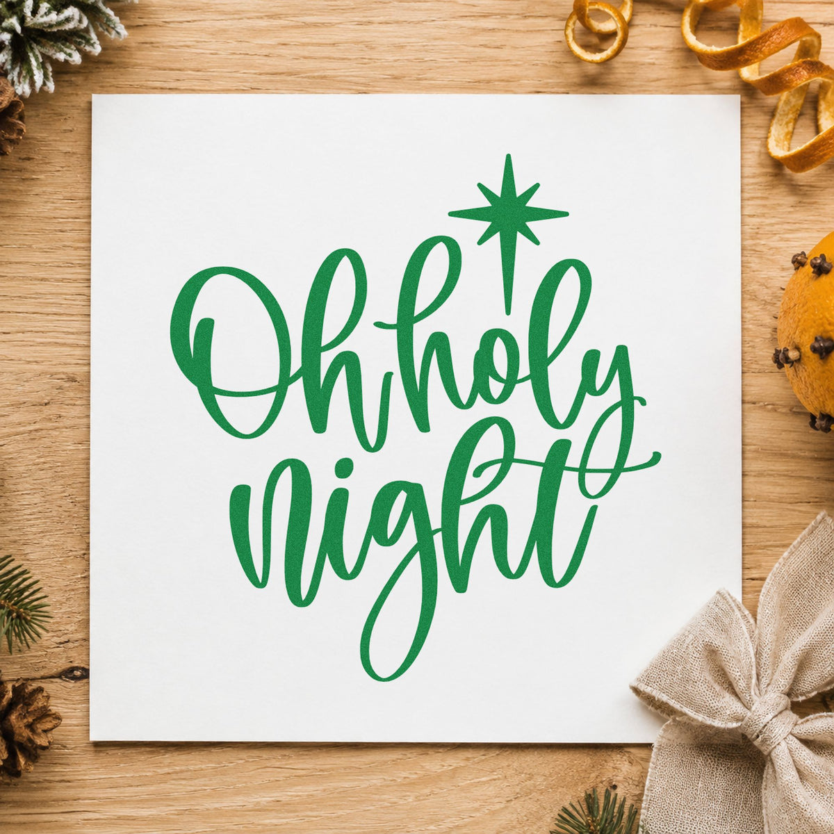 Oh Holy Night Star craft stamp imprint in green ink on a handmade project, one idea being candlelight programs.