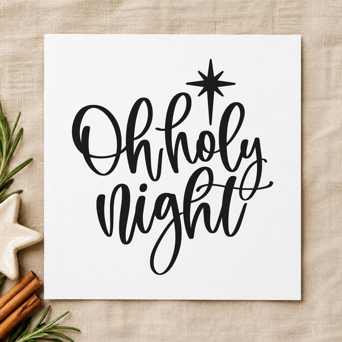 Oh Holy Night Star rubber stamp printed in black ink, ready for radiant star cards and similar paper crafts.