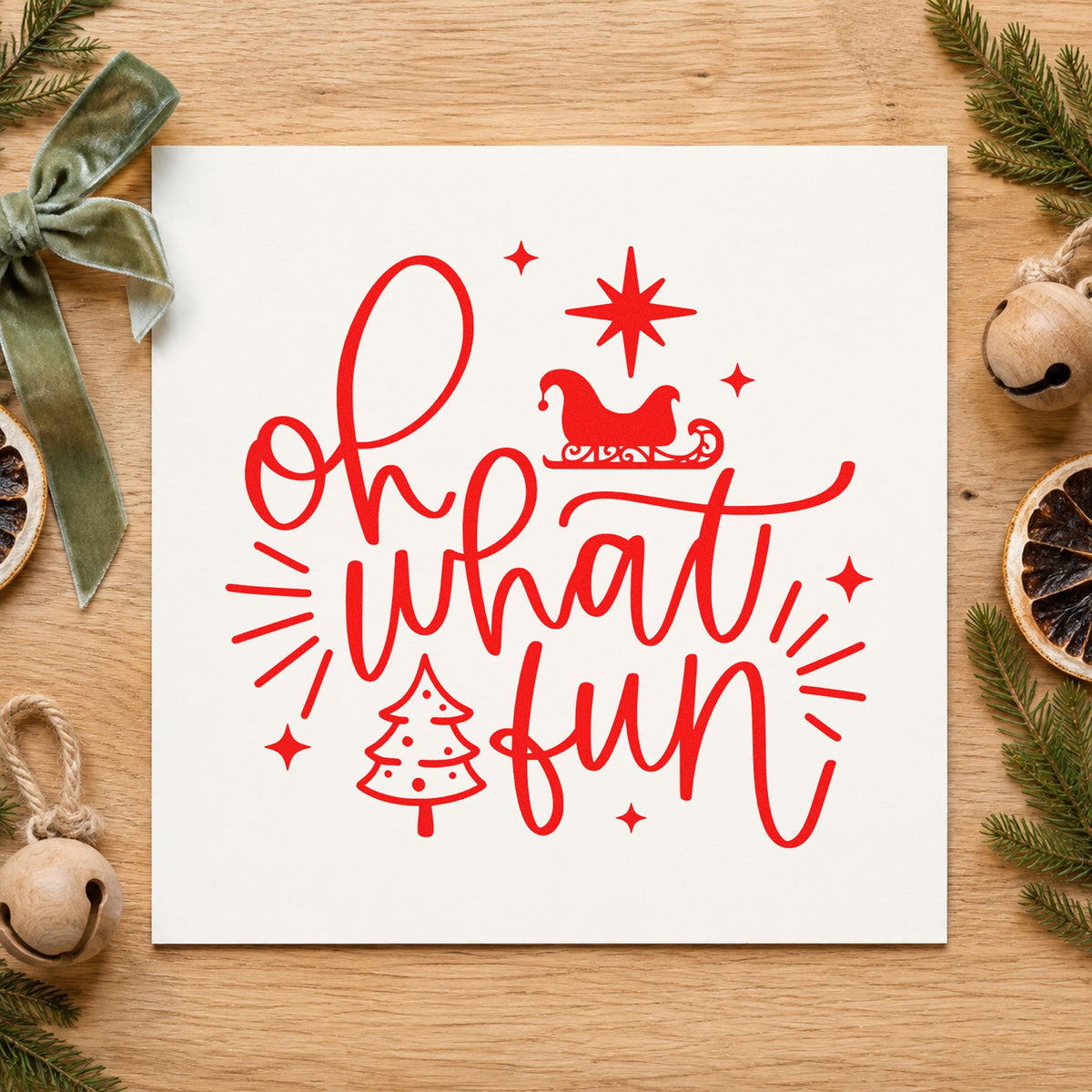 Oh What Fun Sleigh Tree craft stamp in red ink on cardstock, an easy option for cornhole bag printing.