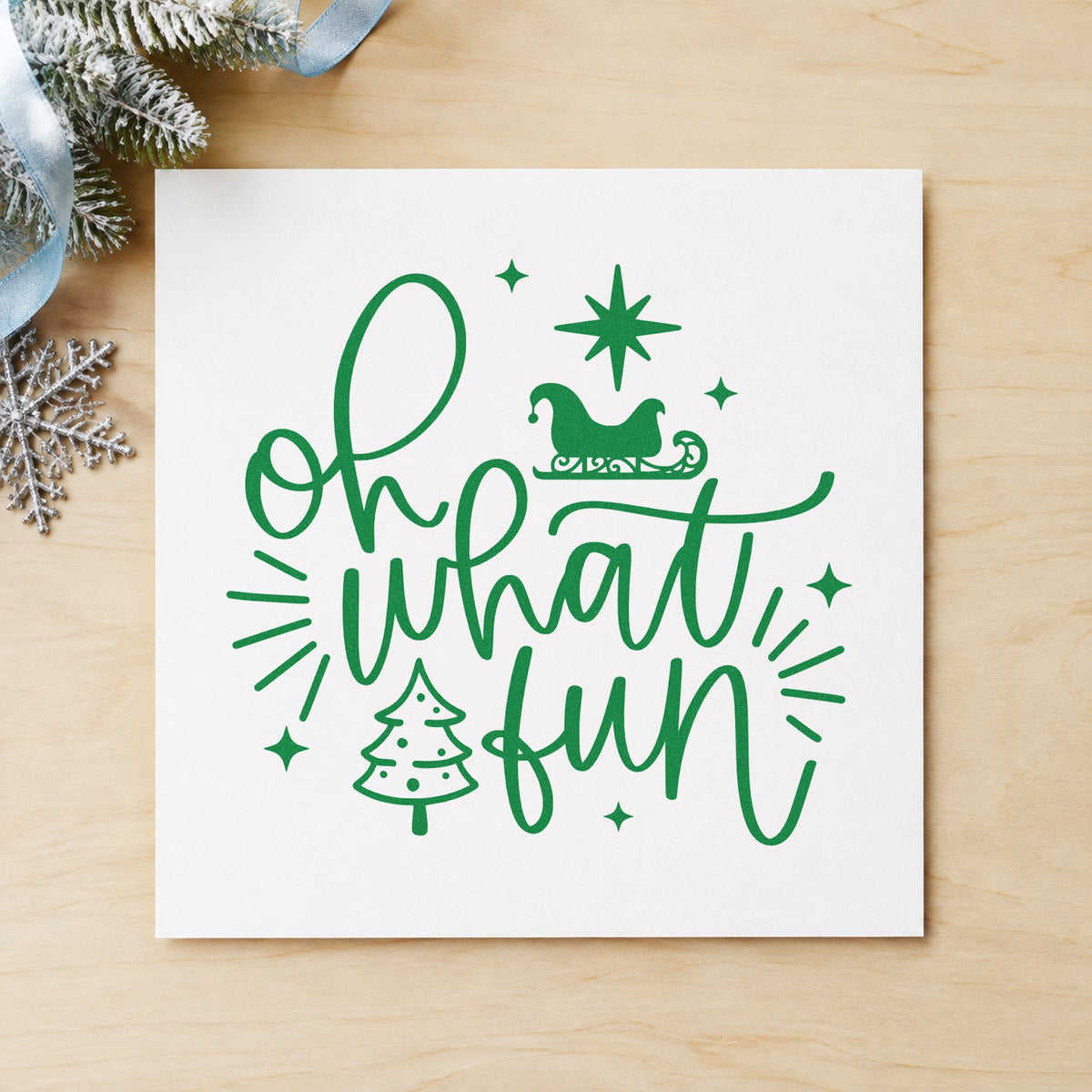 Oh What Fun Sleigh Tree craft stamp imprinted in green ink on paper, a design suited to framed game closet.