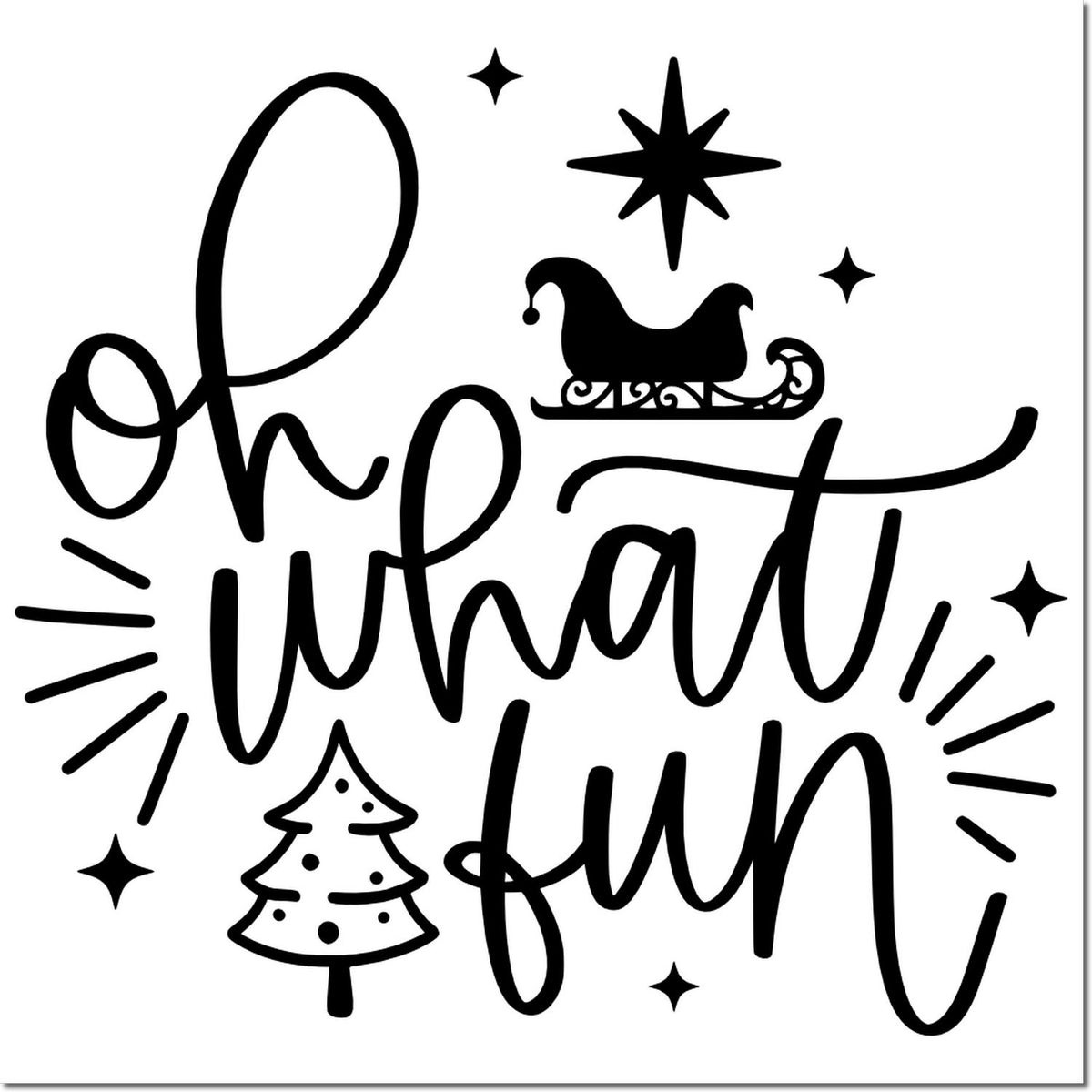 Black holiday stamp/seal design reading Oh What Fun with Santa sleigh, Christmas tree, and star accents on white.