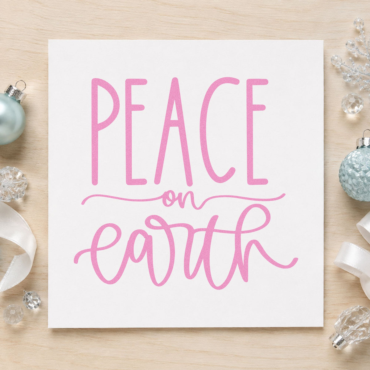 Peace On Earth Script craft stamp in purple ink on cardstock, an easy option for reflection album page.