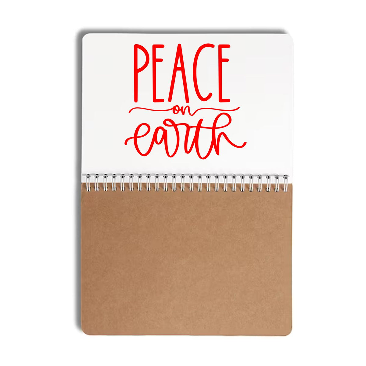 White and kraft spiral-bound stamp seal with red Peace on earth lettering and brown lower panel.