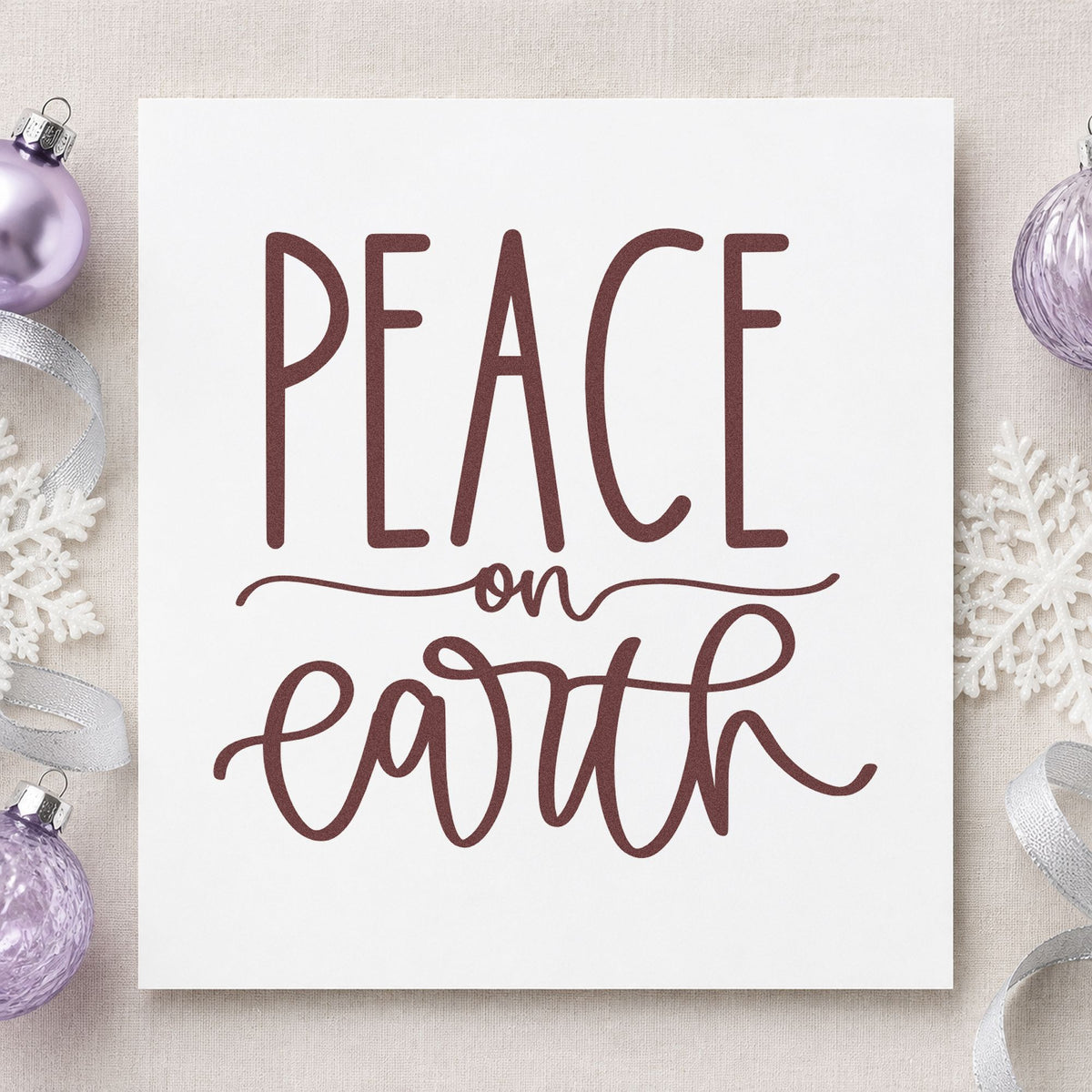 Peace On Earth Script rubber stamp printed in brown ink, ready for meditation log sheet and similar paper crafts.