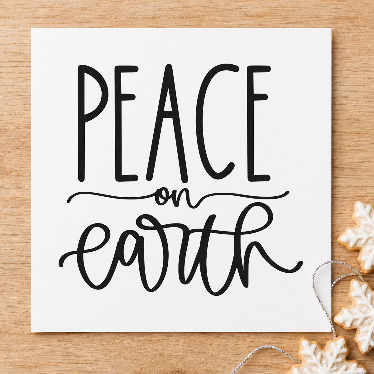 Peace On Earth Script rubber stamp printed in black ink, ready for peace on earth cards and similar paper crafts.