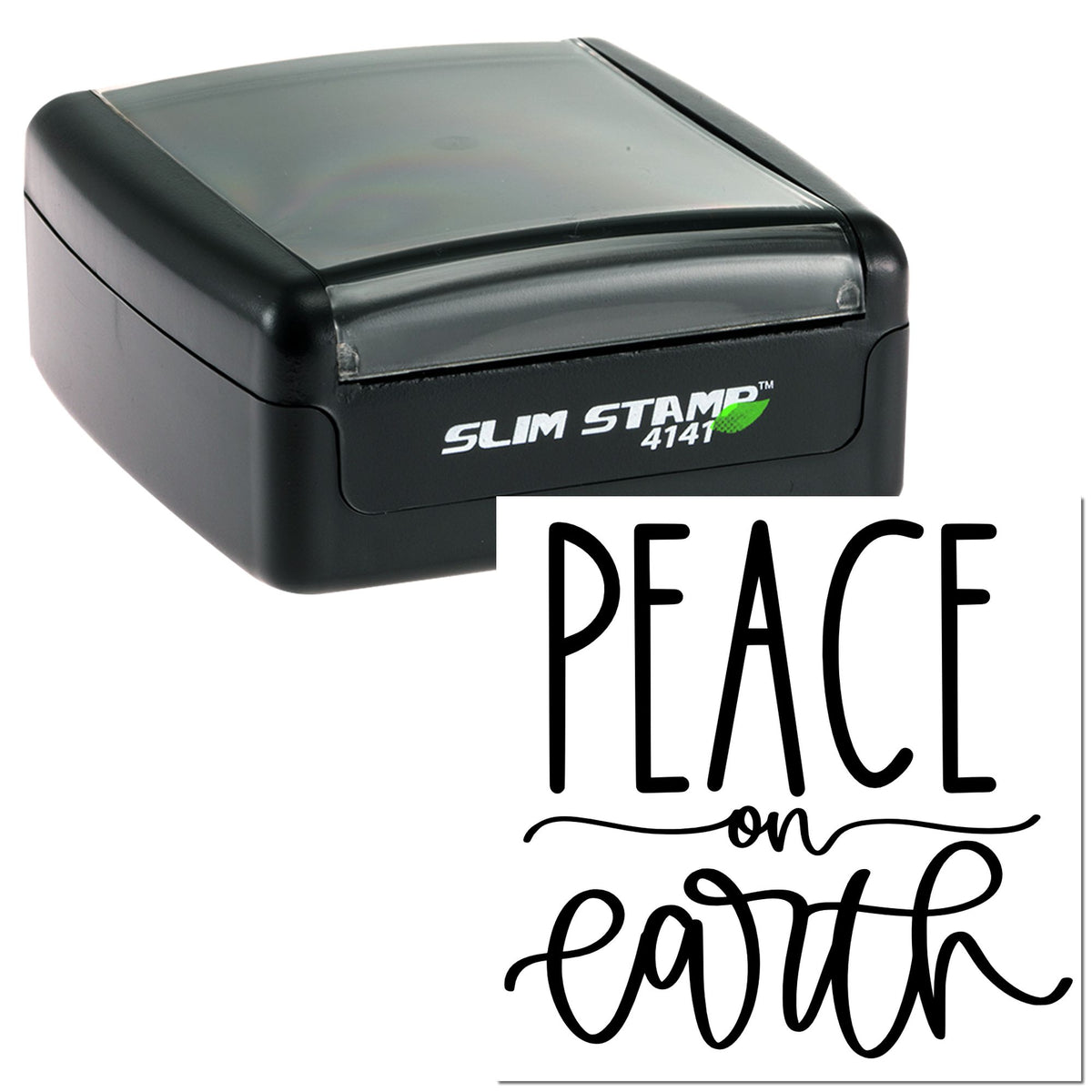 Black self-inking Slim Stamp 4141 with clear top and Peace on earth seal impression in black script.