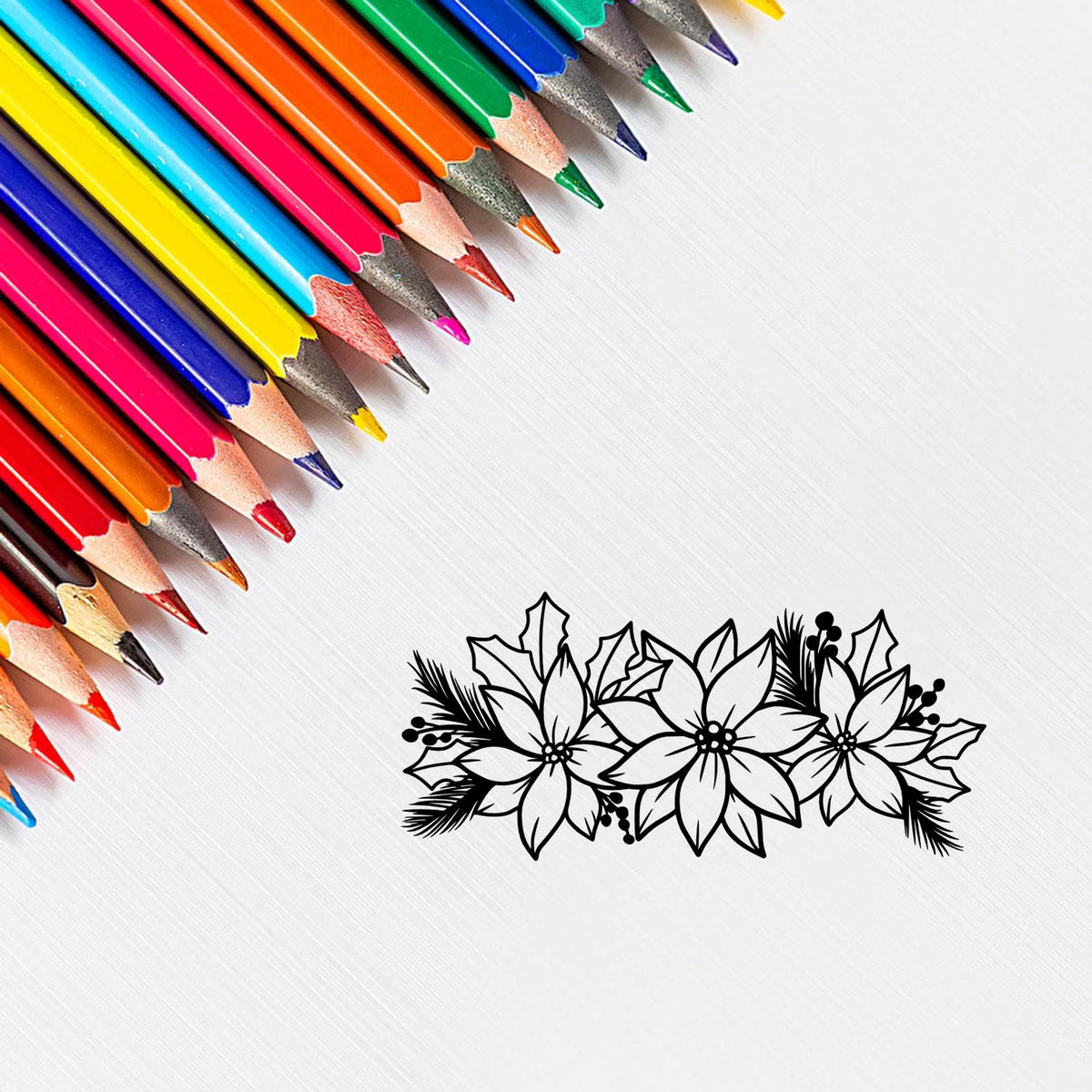 Black floral stamp and seal design with colorful pencils on a white background