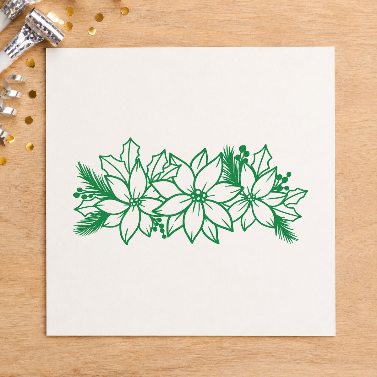 Poinsettia And Holly Arrangement craft stamp imprint in green ink on a handmade project, one idea being bouquet sleeve tags.