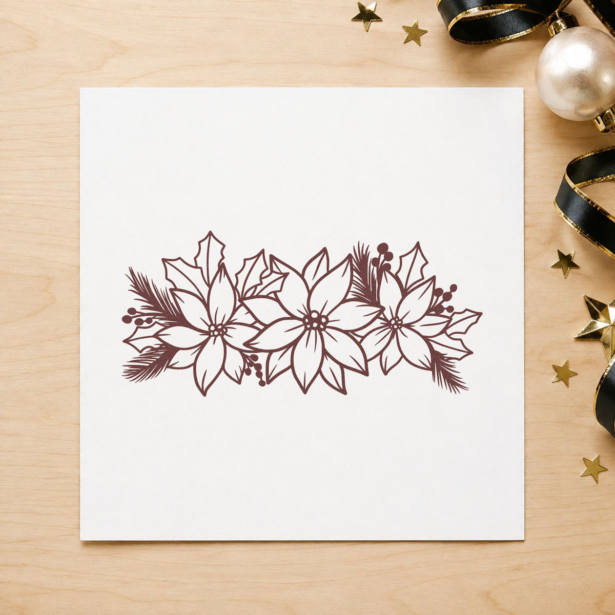 Poinsettia And Holly Arrangement rubber stamp printed in brown ink, ready for order form header and similar paper crafts.