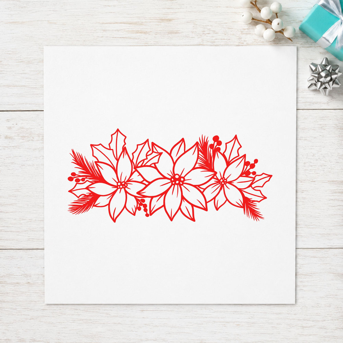 Poinsettia And Holly Arrangement craft stamp in red ink on cardstock, an easy option for apron band printing.