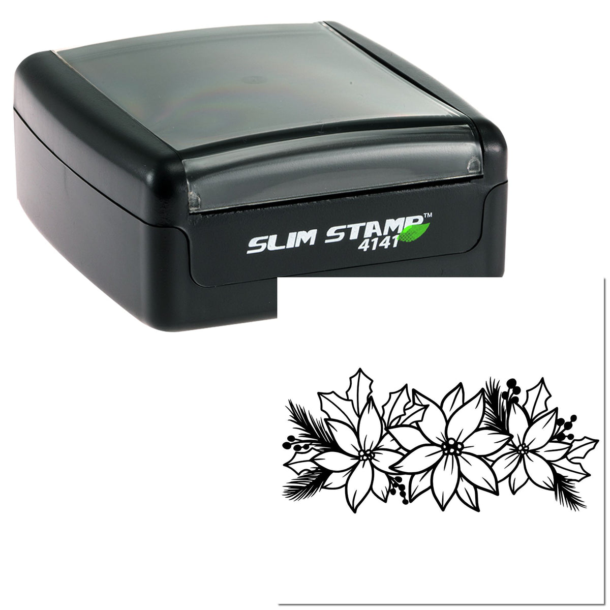 Black Slim Stamp 4141 self-inking seal with translucent top and floral holiday imprint.