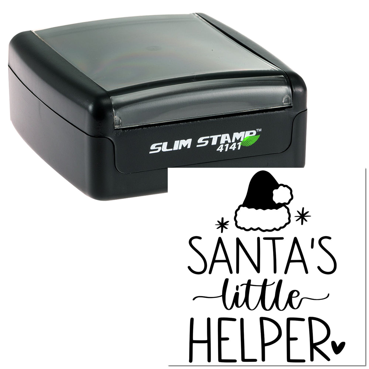 Black self-inking Slim Stamp 4141 and custom seal reading Santas little helper with Santa hat icon.