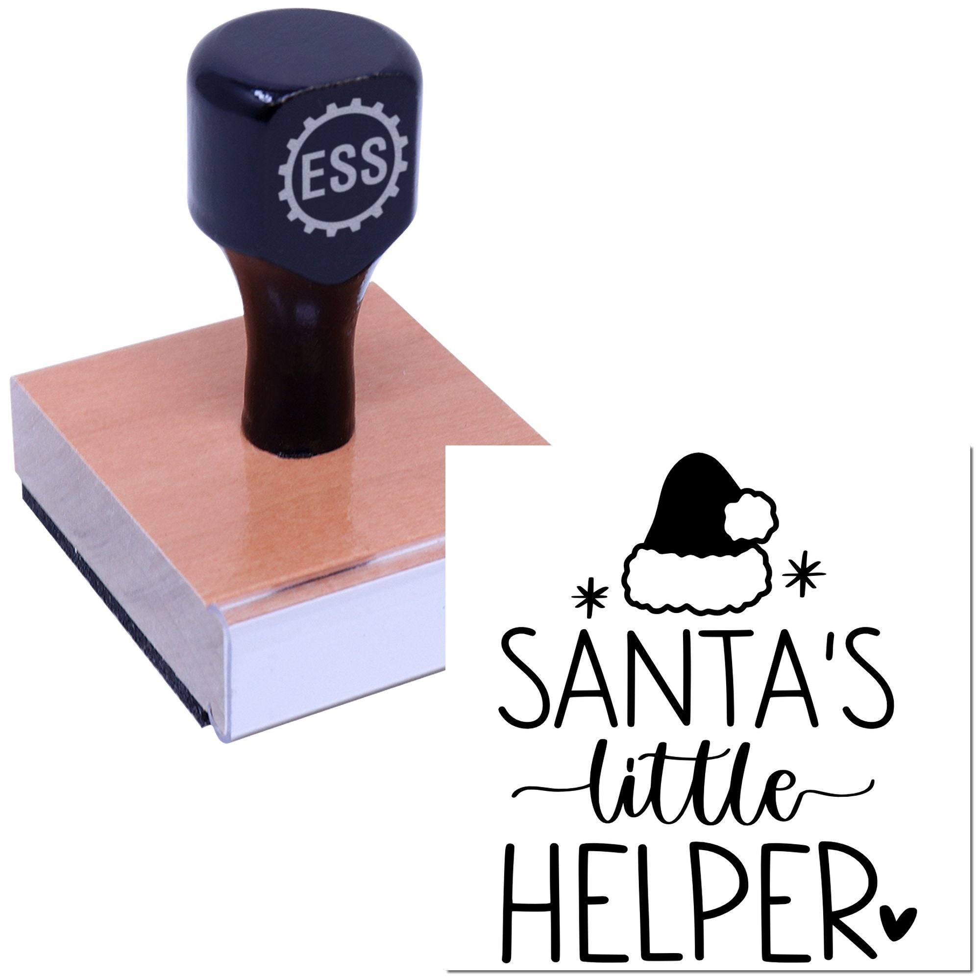 Black ESS rubber stamp on a wooden block beside a white Santas Little Helper seal.