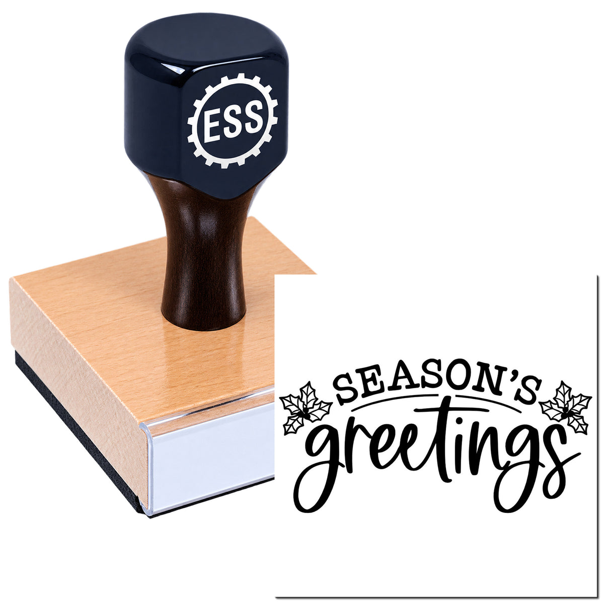 Navy ESS rubber stamp on wooden block with black "Season's Greetings" holiday seal and holly accents.