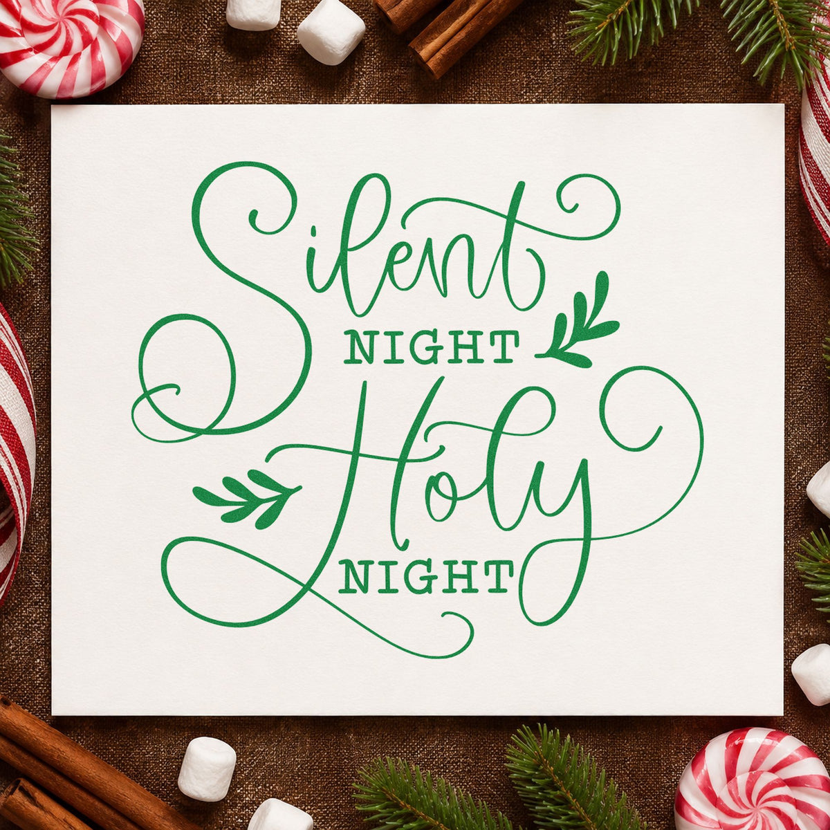 Silent Night Holy Night craft stamp imprint in green ink on a handmade project, one idea being comfort gift tags.