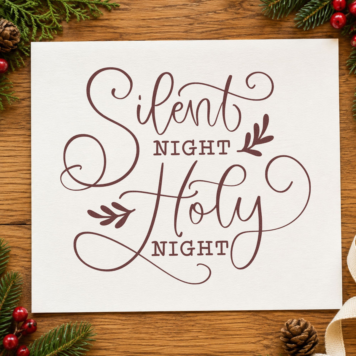 Silent Night Holy Night rubber stamp printed in brown ink, ready for visit log sheet and similar paper crafts.