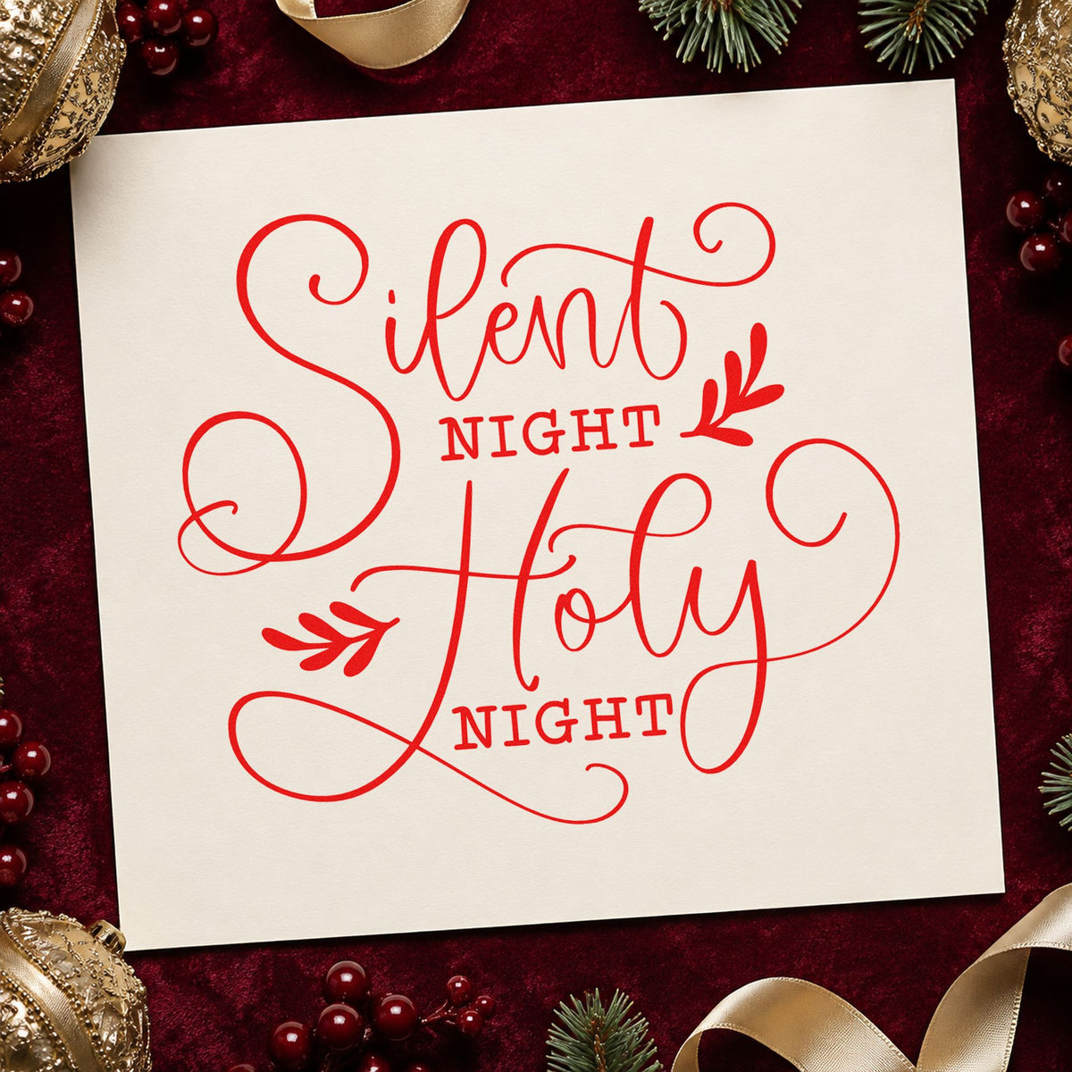 Silent Night Holy Night craft stamp in red ink on cardstock, an easy option for lap quilt printing.